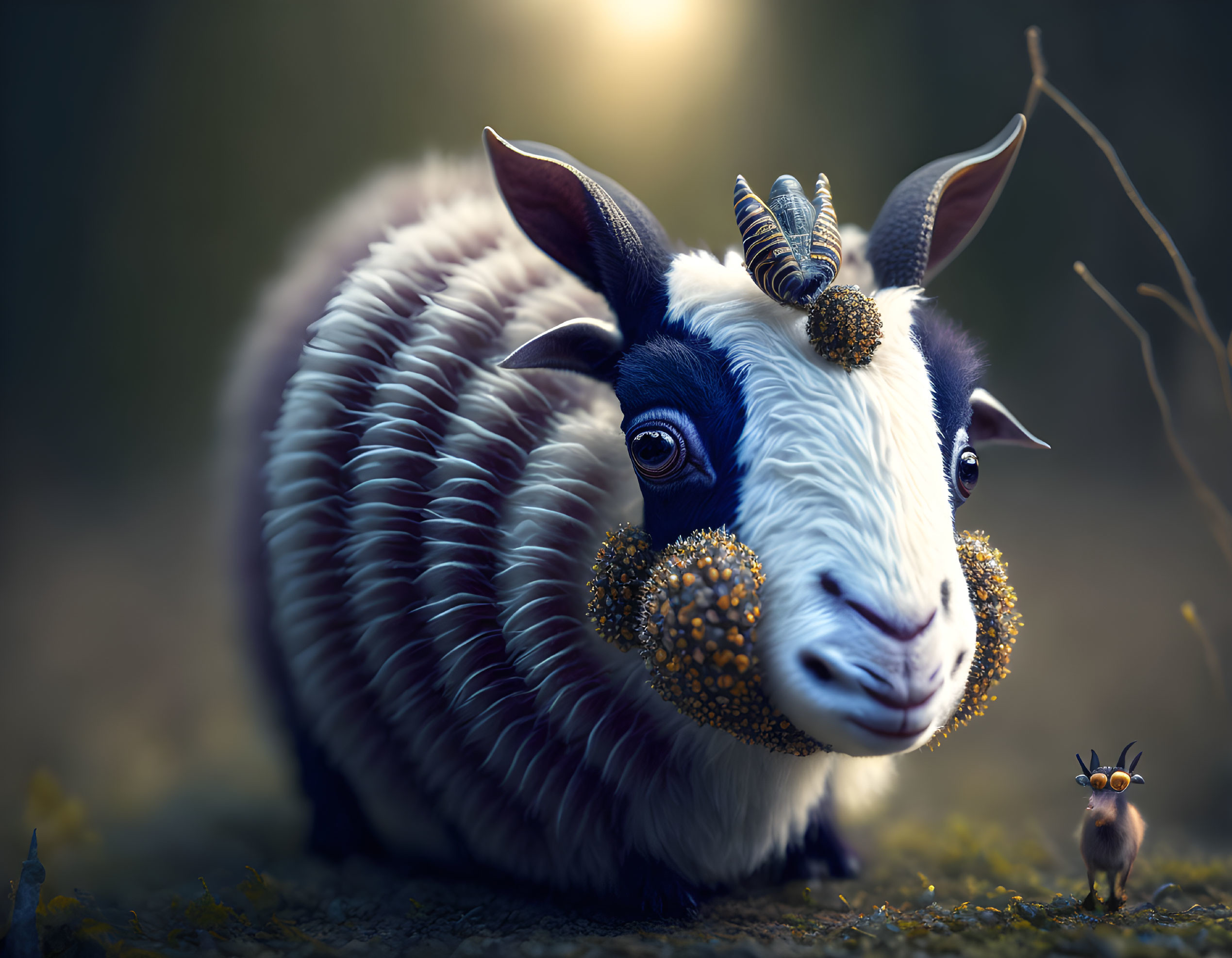 Whimsical digital artwork: Goat-headed creature with accordion body and floral details next to a patterned