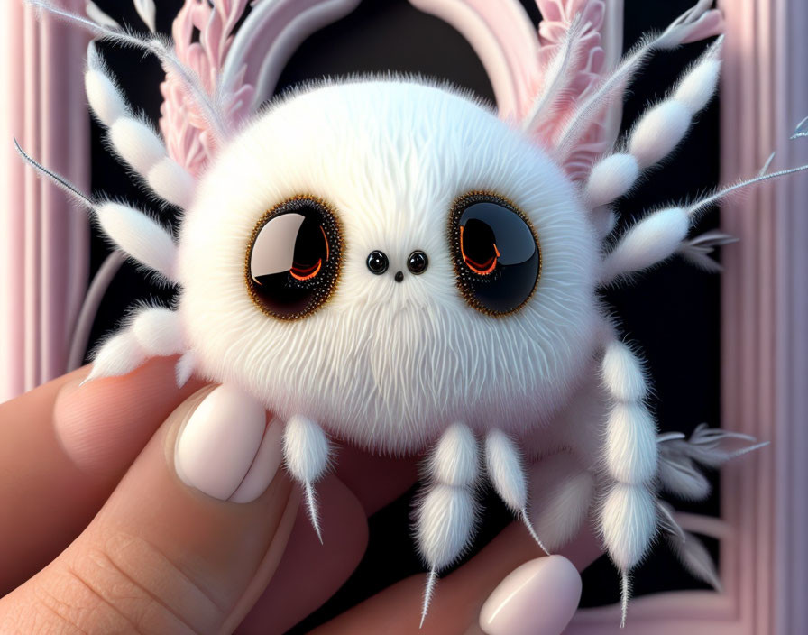 Fluffy white fantastical creature with large eyes held in hand