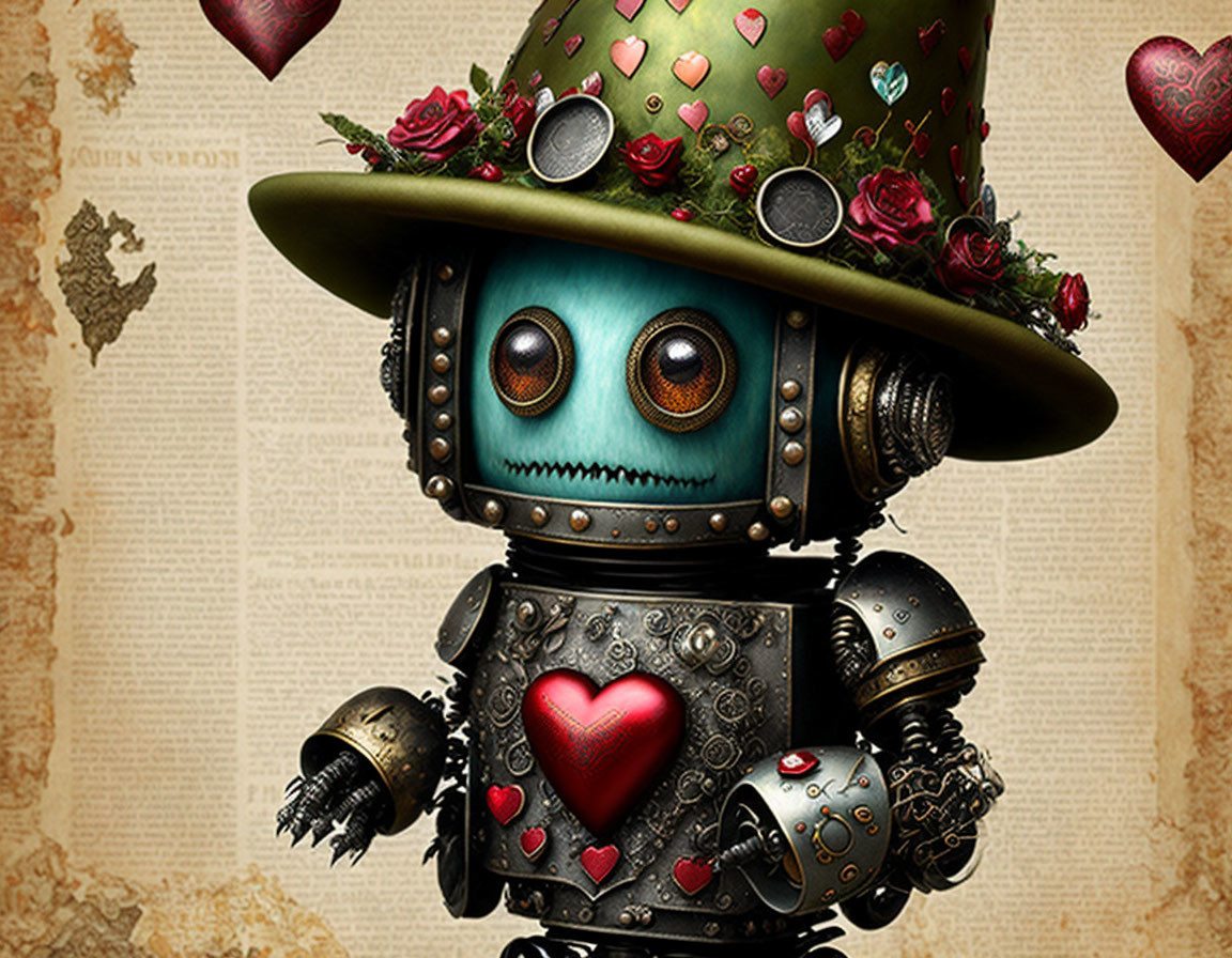 Steampunk Robot with Heart Torso and Top Hat on Vintage Map Background