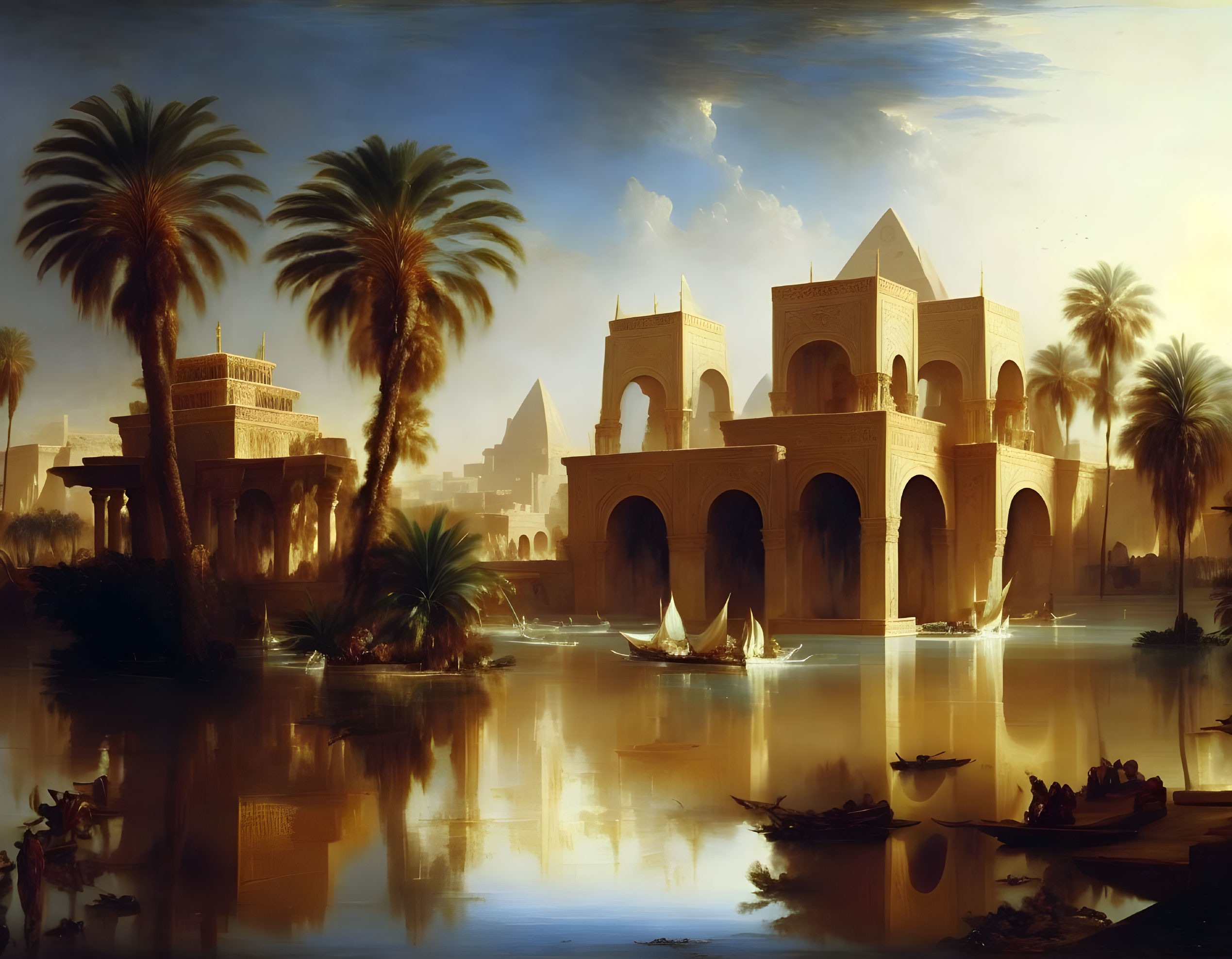 Tranquil Oriental scene with arched bridge, palm trees, sailboats, traditional architecture, and