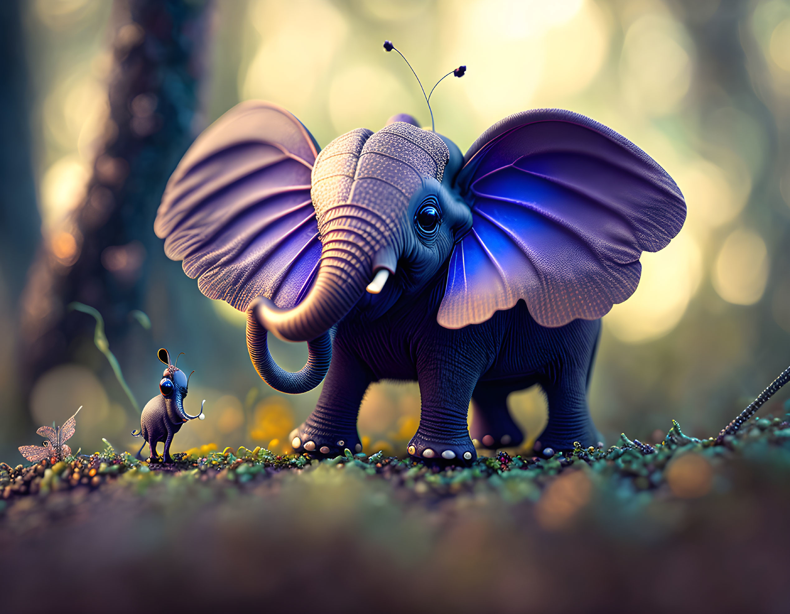 Illustration: Tiny mouse meets large elephant with butterfly wings in magical forest