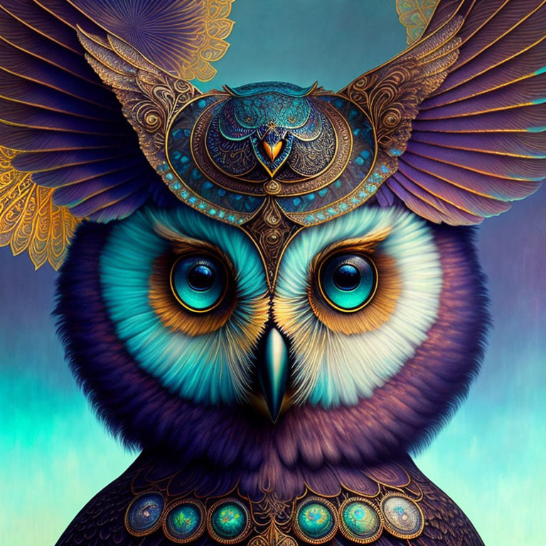 Colorful Digital Artwork: Owl with Blue Eyes & Golden Feathers