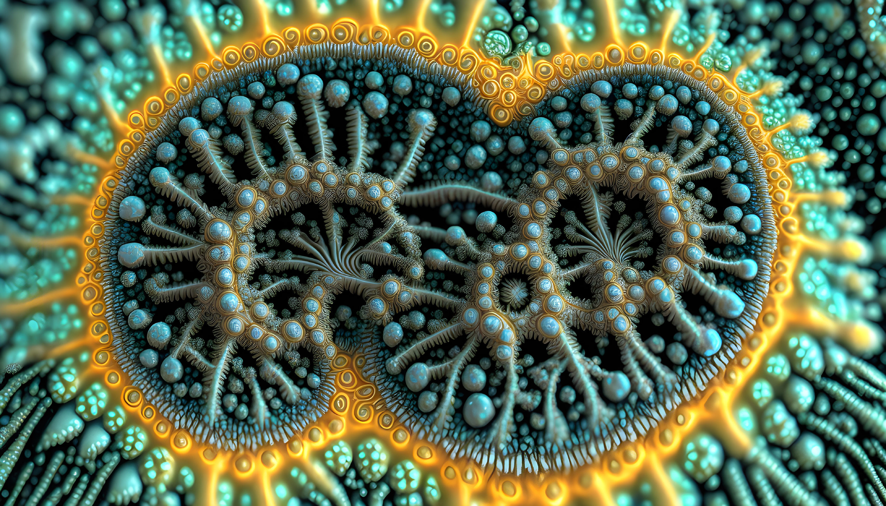 Detailed Blue and Gold Fractal Heart Pattern in Spiraled Textures