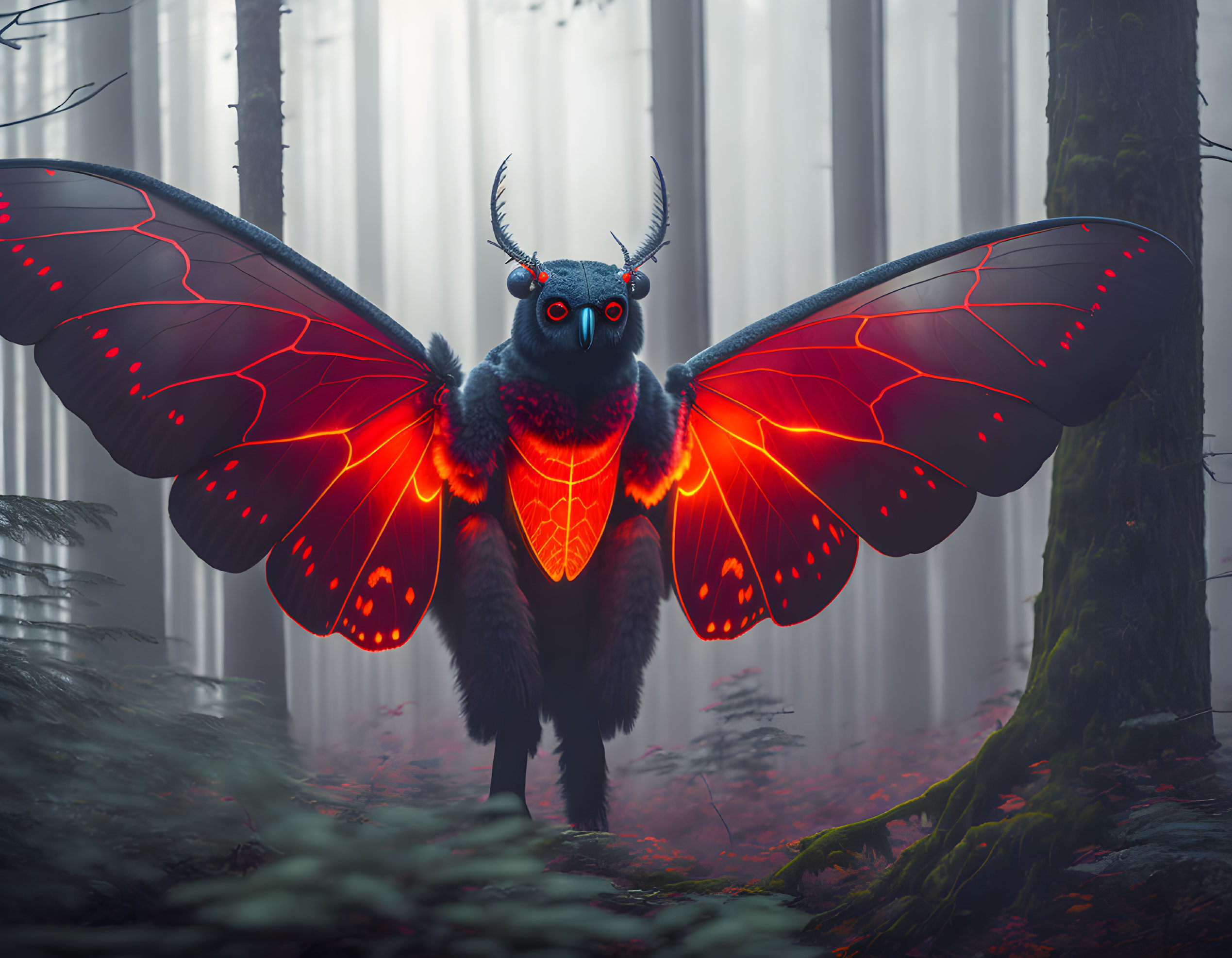 Surreal illustration: Owl-bodied creature with butterfly wings in misty forest