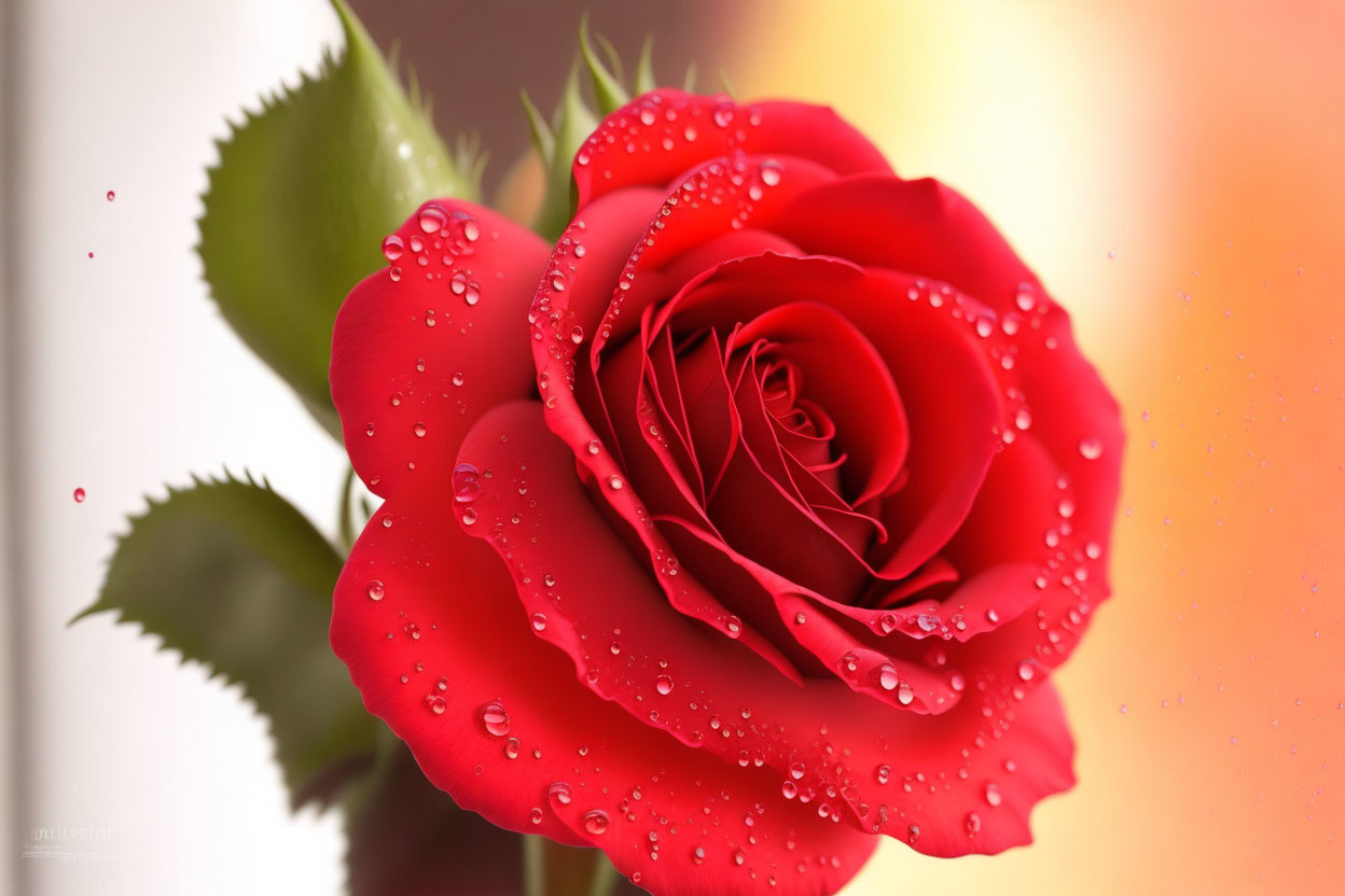 Red Rose with Dewdrops on Petals Against Blurred Background