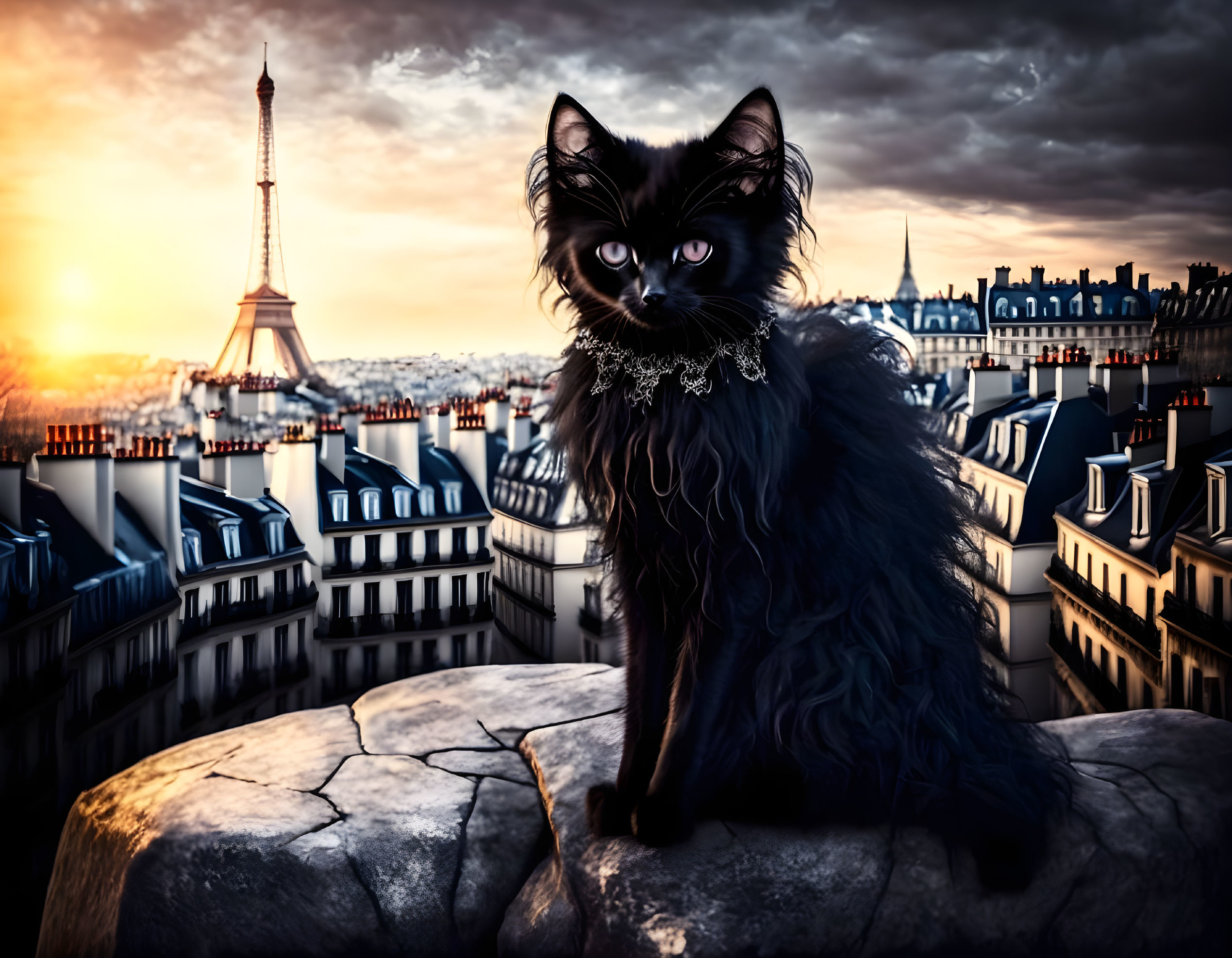 Fluffy black cat with striking eyes overlooking Paris sunset and Eiffel Tower