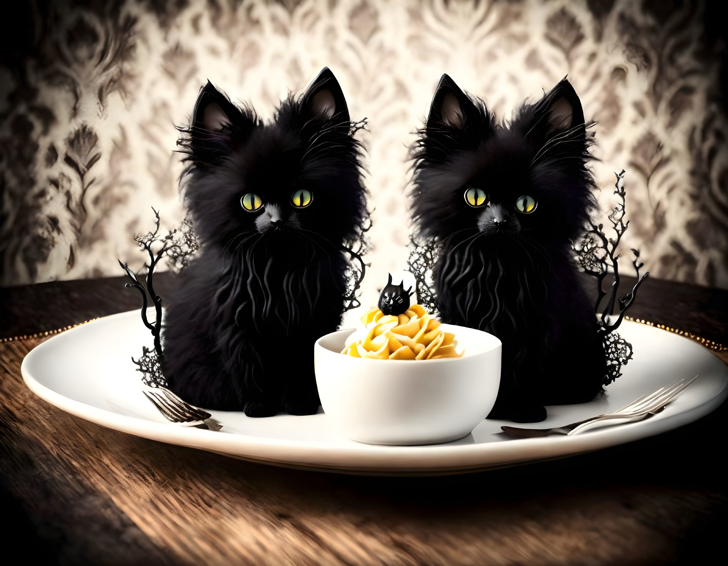 Fluffy black cats with yellow eyes next to cat figurine in noodle bowl