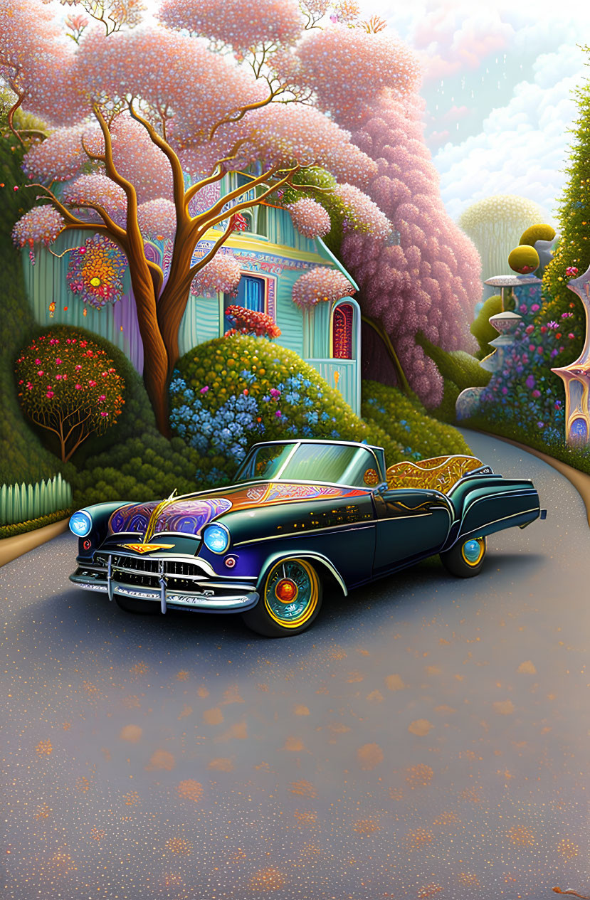 Vintage Car Surrounded by Colorful Trees and Cottage