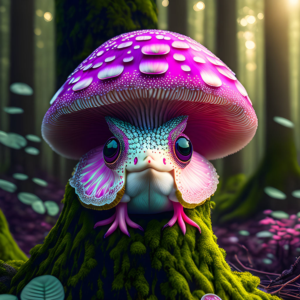 Colorful Mushroom Cap Creature Illustration on Mossy Stump