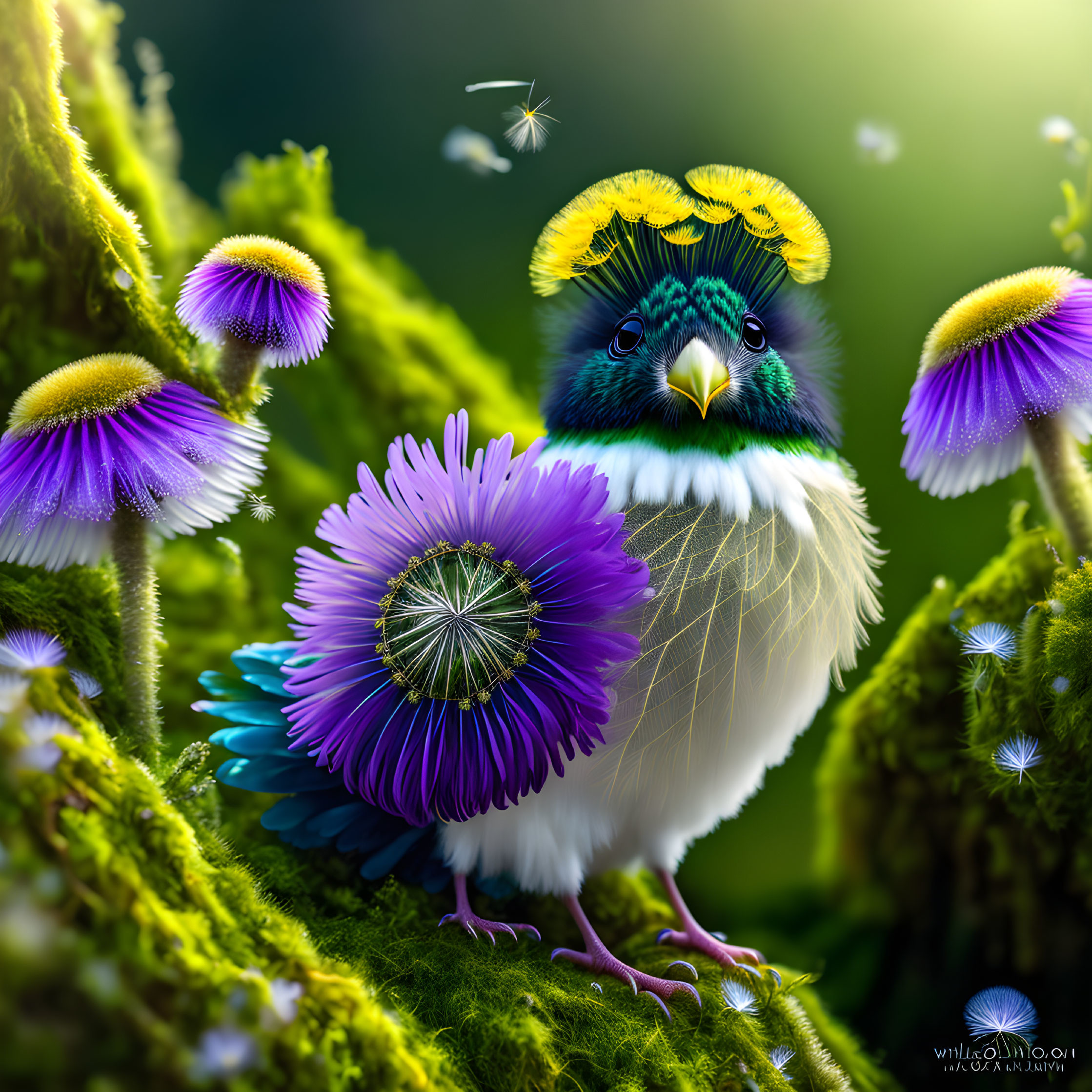 Colorful whimsical bird with flower feathers among vibrant purple flowers.