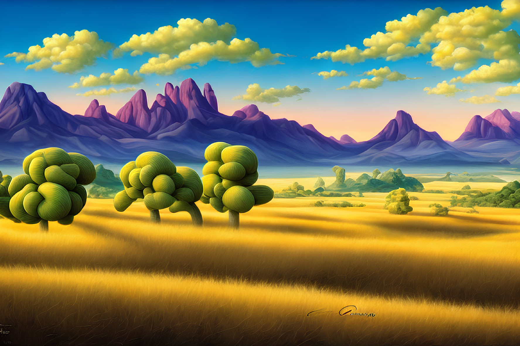 Vibrant landscape with stylized trees, golden fields, and purple mountains