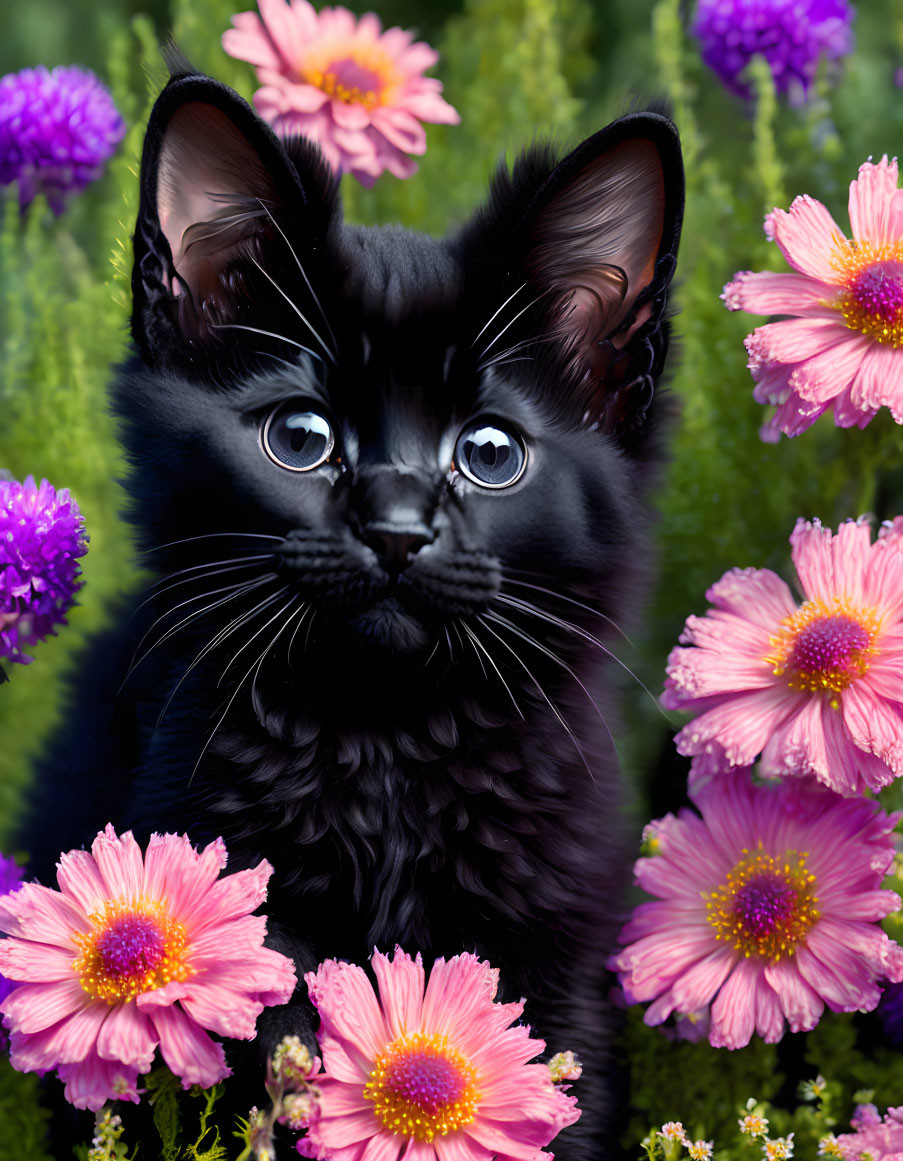 Black Kitten with Blue Eyes in Colorful Garden