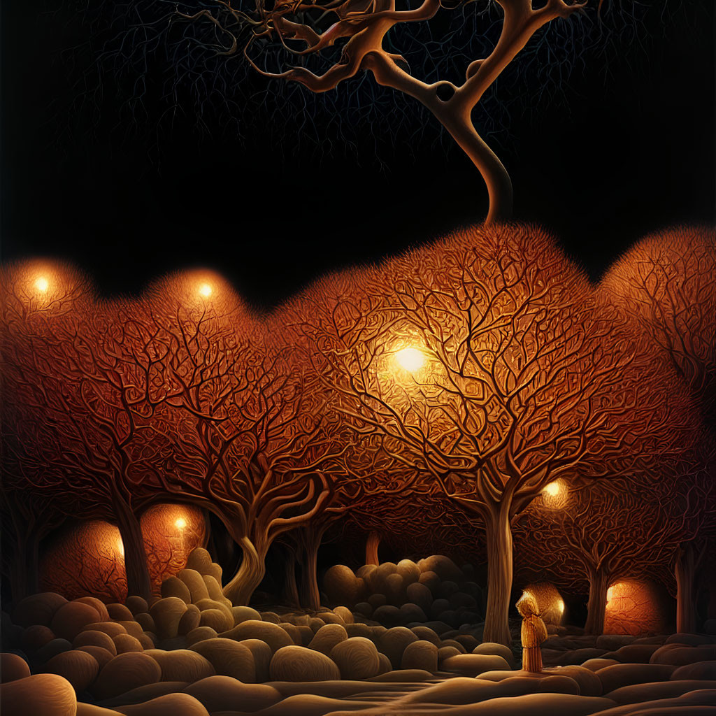 Person under glowing tree canopy in surreal night landscape