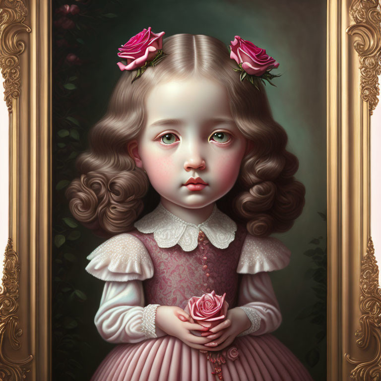 Young girl portrait with wavy hair, roses, vintage pink dress, and solemn expression