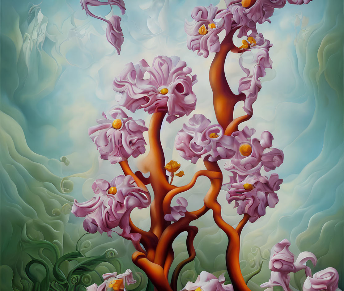 Vibrant surreal artwork: pink foliage, orange branches, golden orbs, swirling greenish-blue backdrop