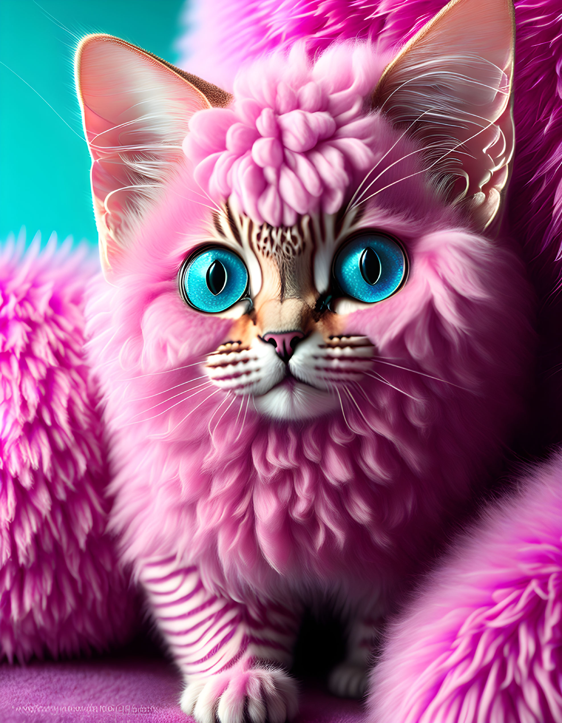 Colorful Digital Artwork: Whimsical Pink Cat with Blue Eyes