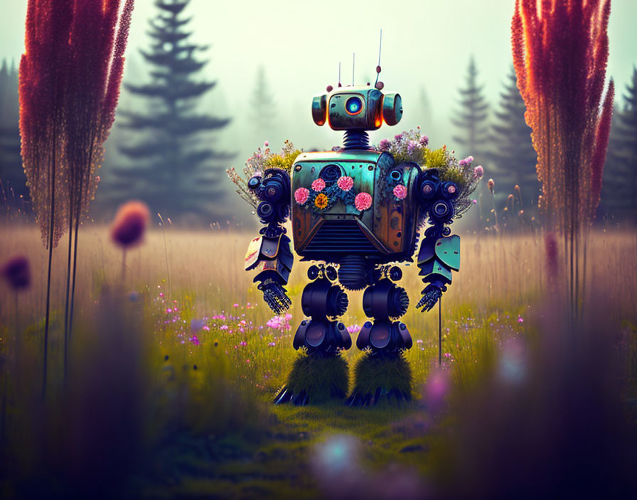 Colorful Flower-Adorned Robot in Lush Field