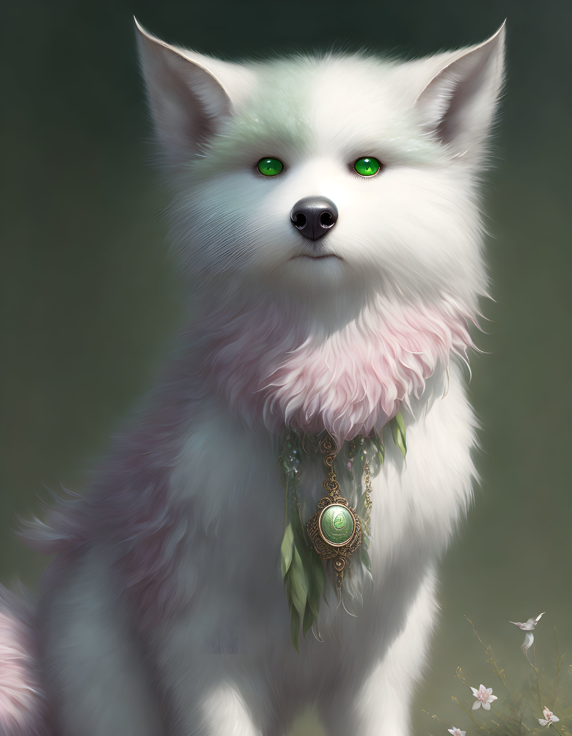 Anthropomorphic white fox with emerald green eyes and pink fur illustration.