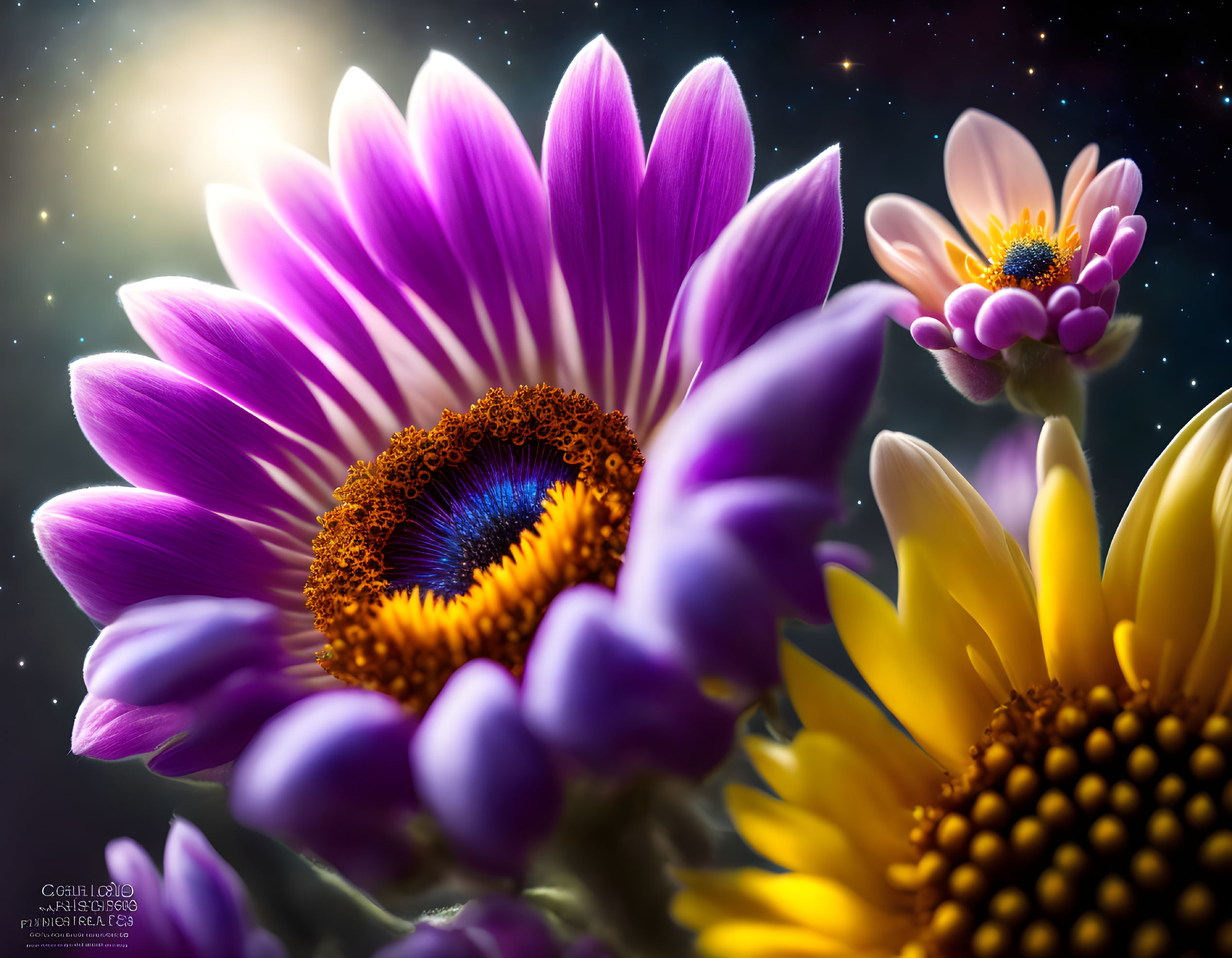 Colorful Purple and Yellow Flowers on Starry Night Sky Background