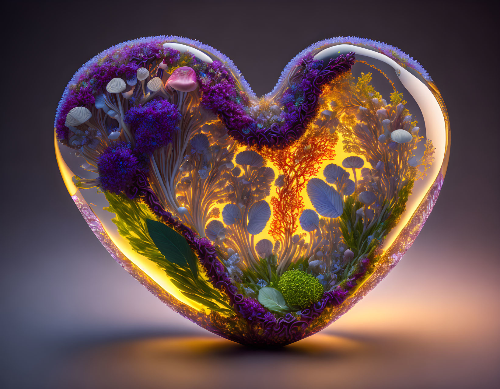 Colorful Heart-Shaped Glass Sculpture with Fantastical Flora on Gradient Background