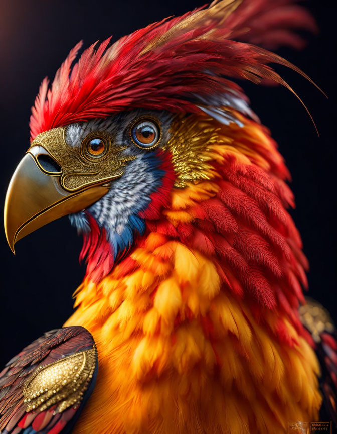 Detailed illustration of fantastical bird with red and gold plumage, blue eye feathers, gold beak