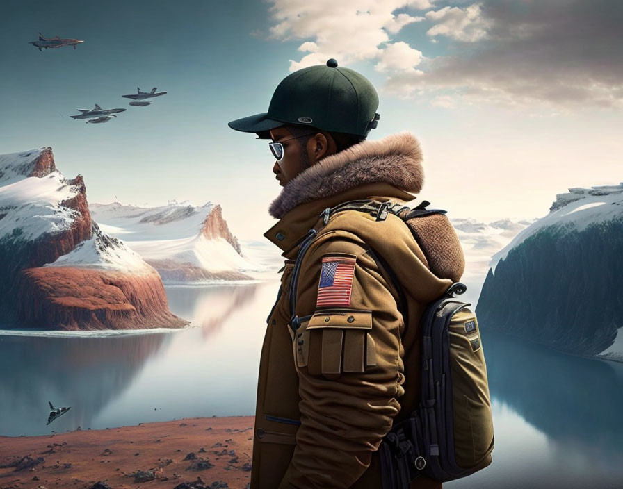 Military person gazes at surreal snowy landscape with flying aircraft