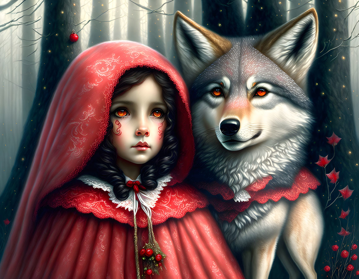 Girl in red hood with realistic wolf in mystical forest setting