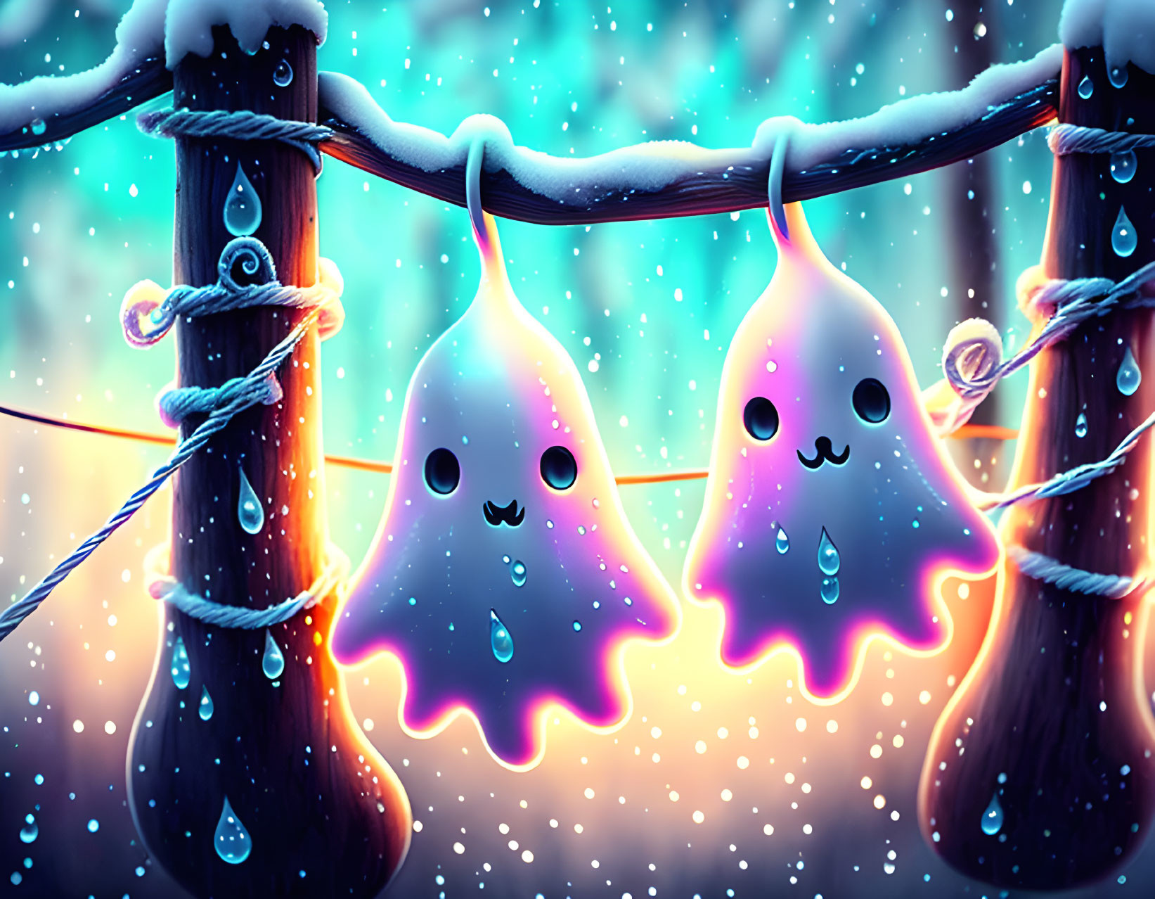 Cartoon ghost-like creatures on rope in snowy background