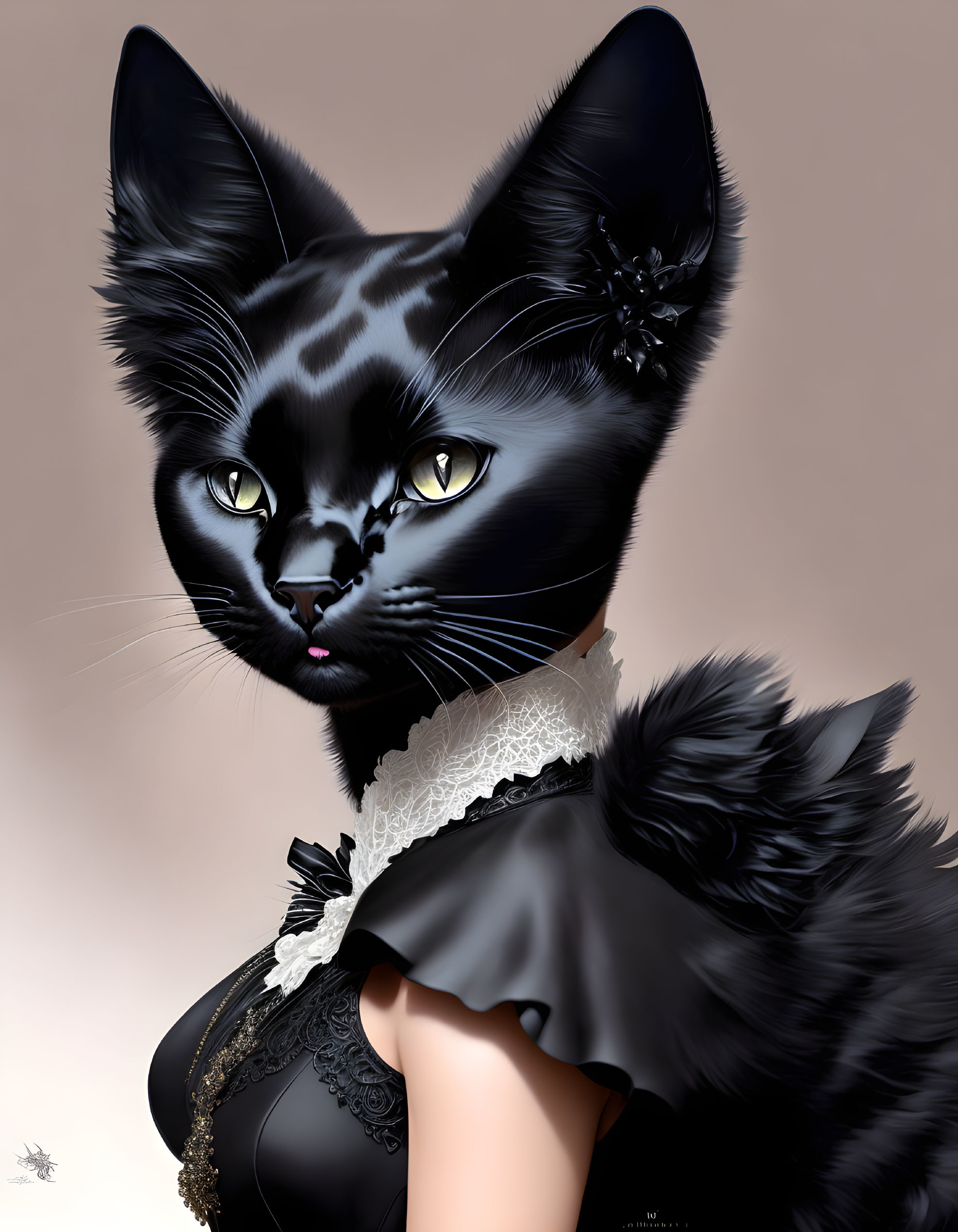 Anthropomorphic Black Cat in Elegant Attire with Striking Yellow Eyes