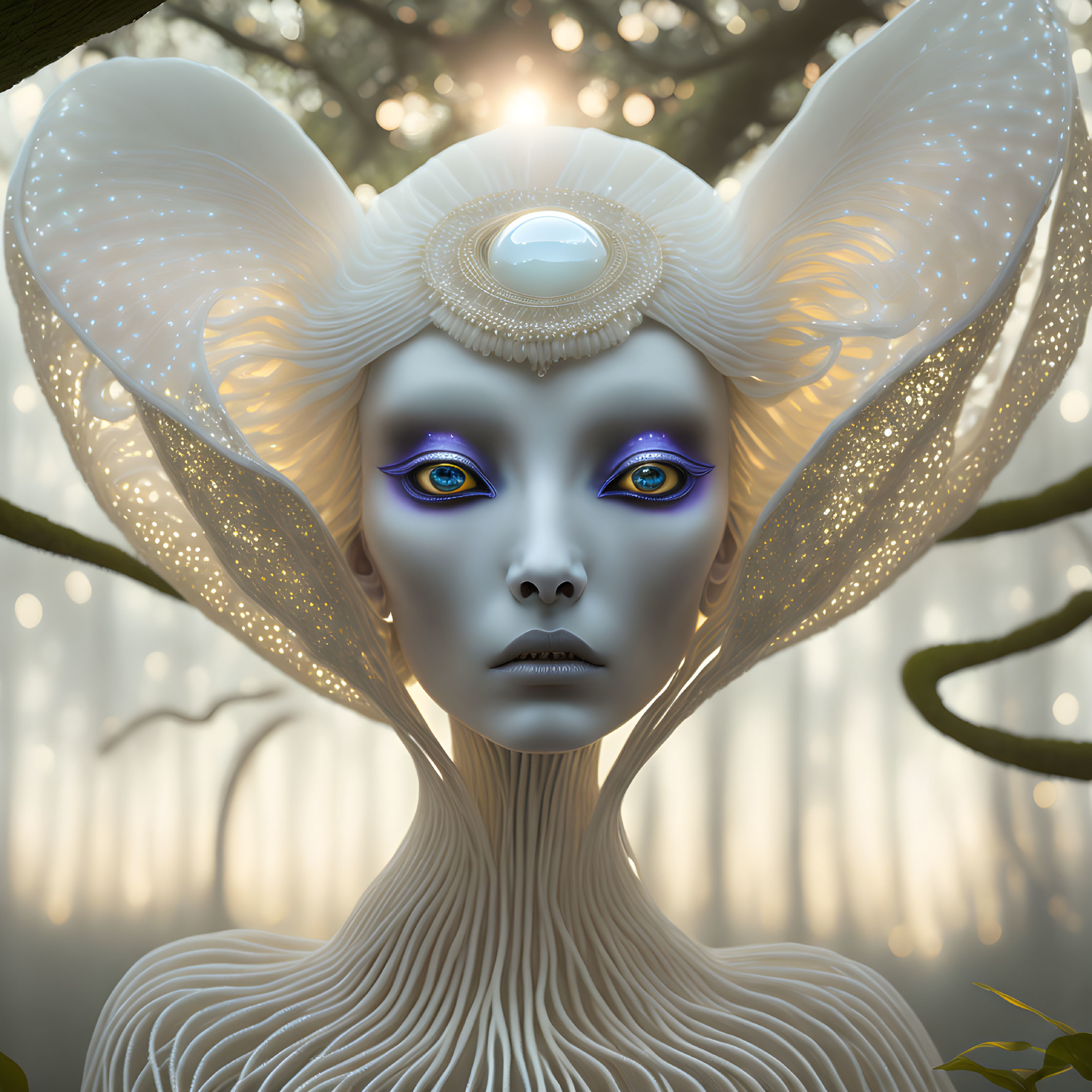 Luminous Eared Creature with Pearl Adornment in Ethereal Forest