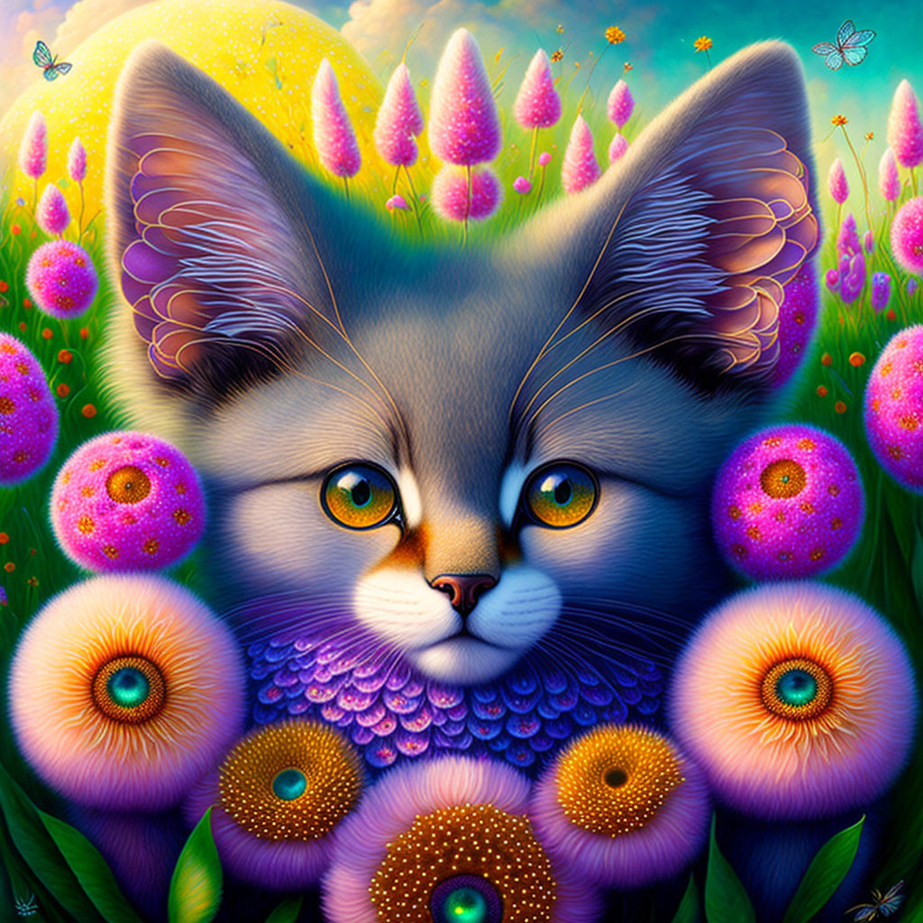 Colorful digital artwork: Whimsical cat with flowers and butterflies