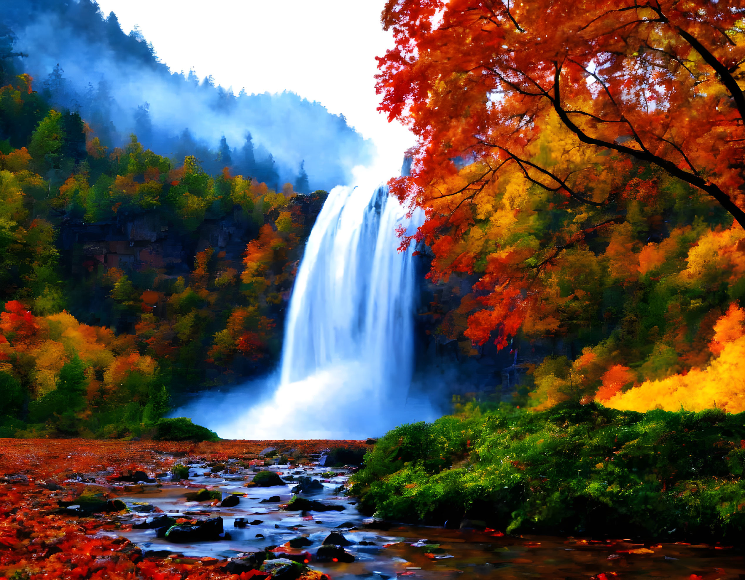 Colorful autumn waterfall scene with mist and red leaves.