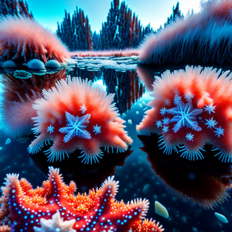 Colorful coral-like structures and star patterns on reflective water with pine tree silhouettes under twilight sky