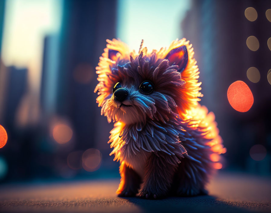 Fluffy toy dog with warm glow against city street bokeh