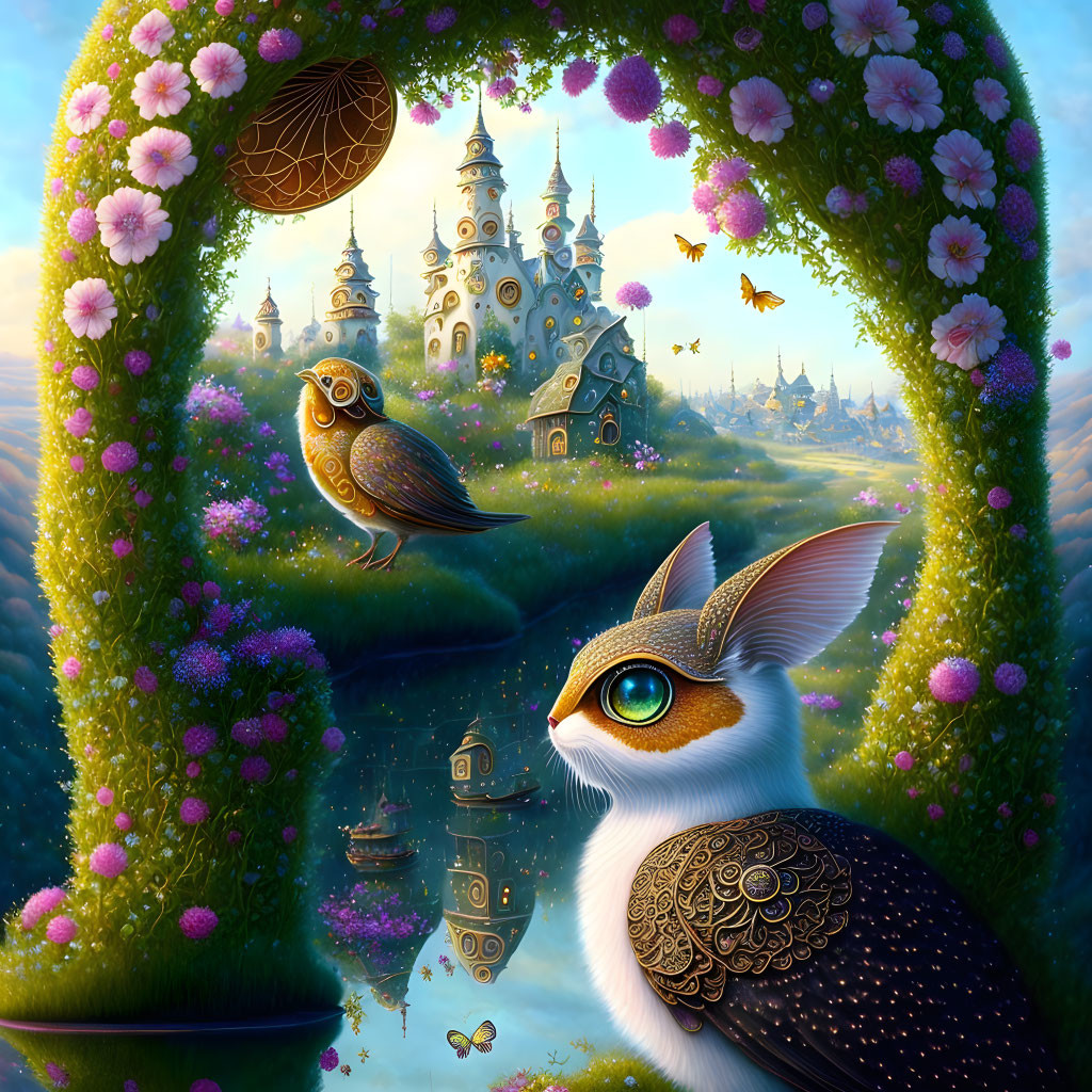 Fantasy artwork: Owl and cat in whimsical landscape with castle