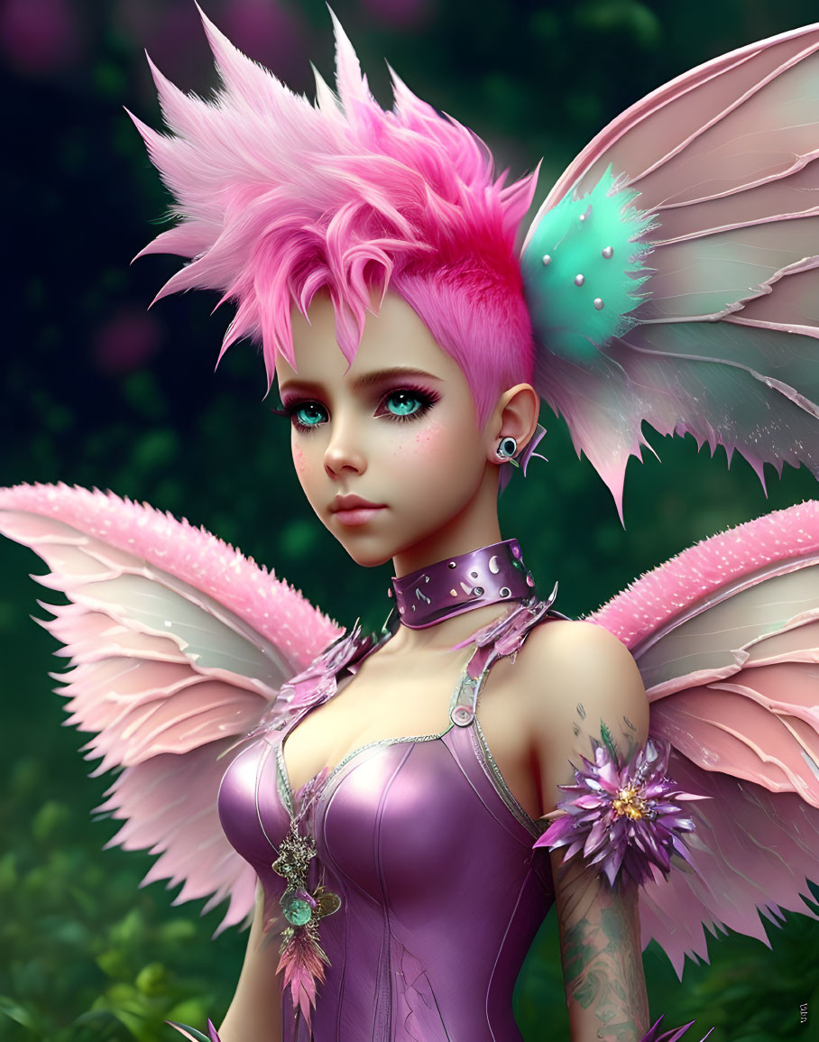 Fantasy character with pink spiked hair, fairy wings, green eyes, purple outfit, metallic accents.