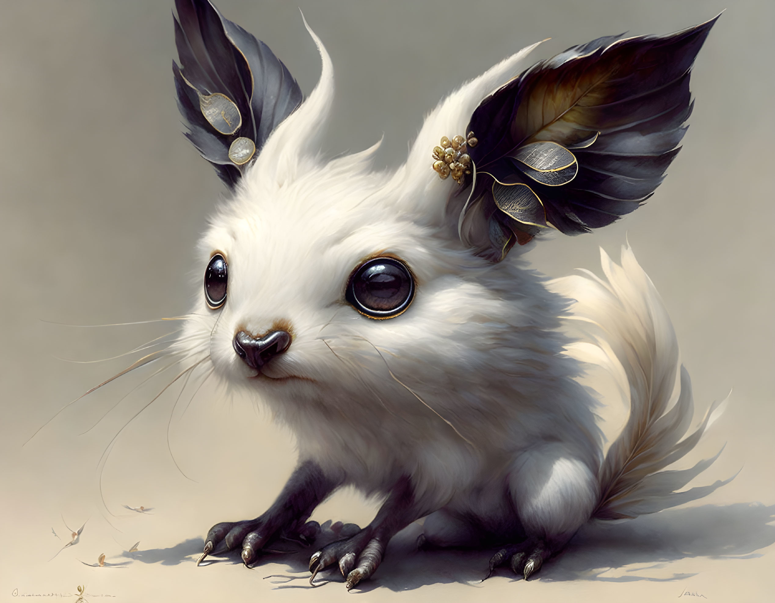 Fantasy creature illustration: white squirrel body, butterfly wing ears.