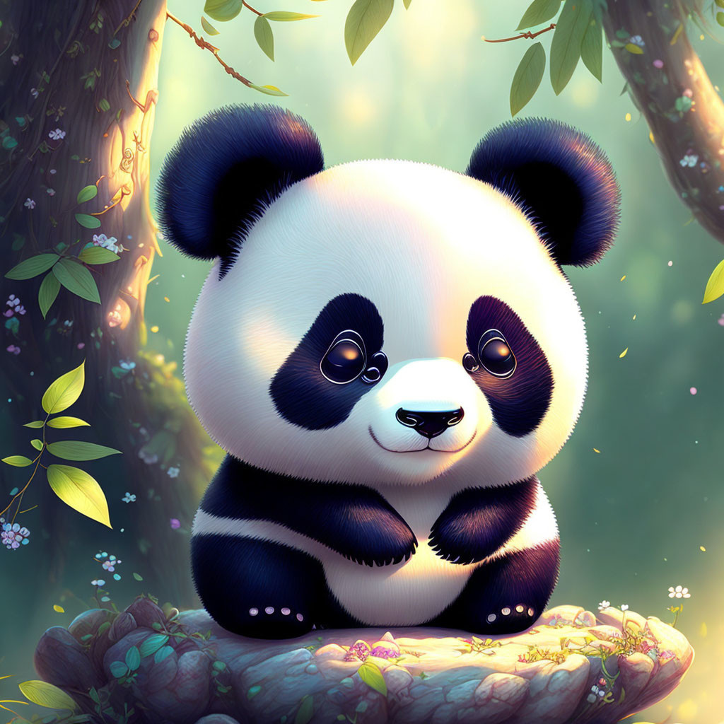 Colorful Cartoon Panda Sitting Among Trees in Soft Sunlight