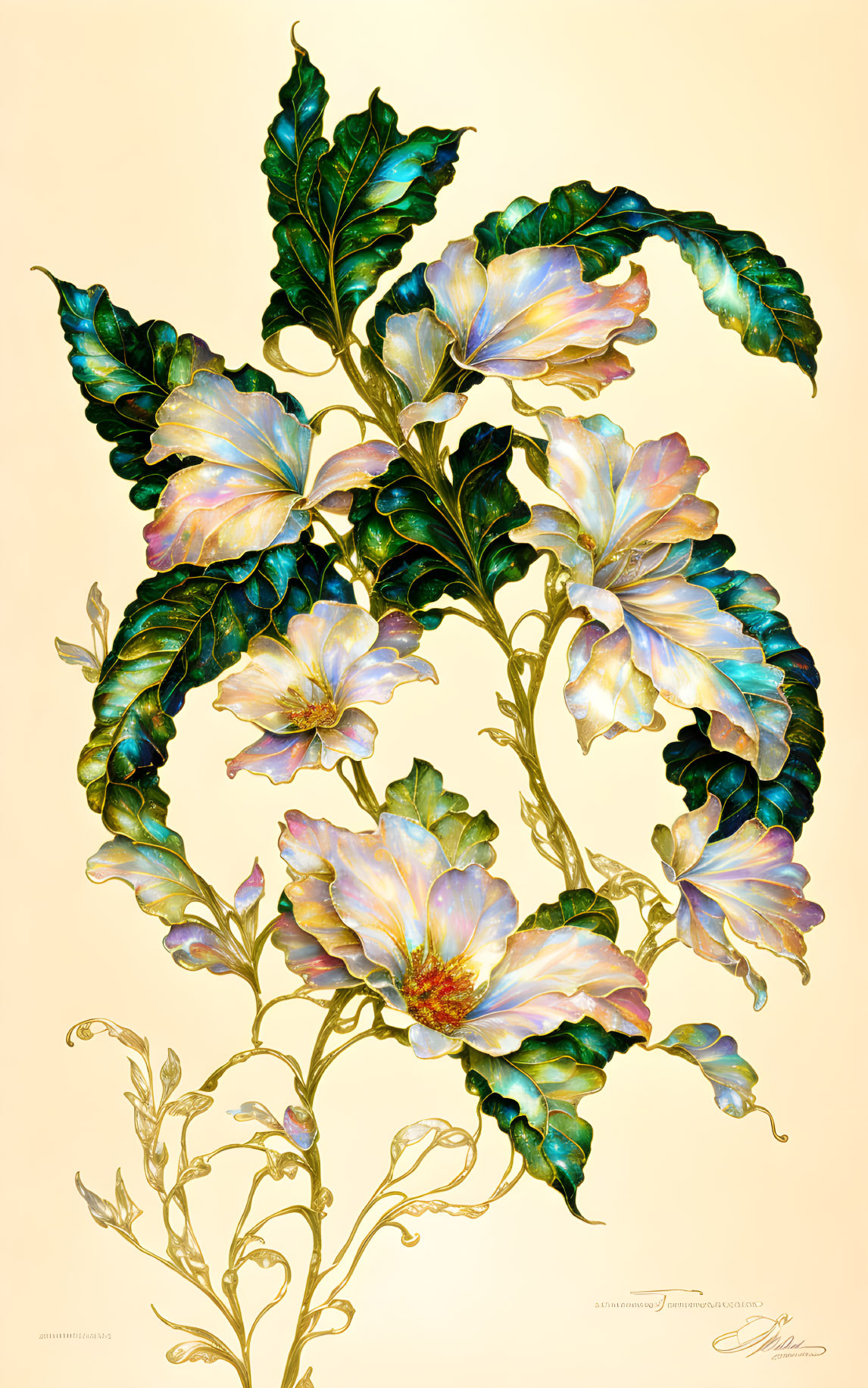 Stylized plant with white and blue iridescent flowers on pale background