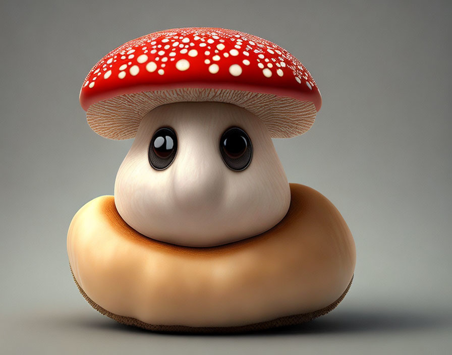 3D illustration of cute character with large red mushroom cap and big black eyes