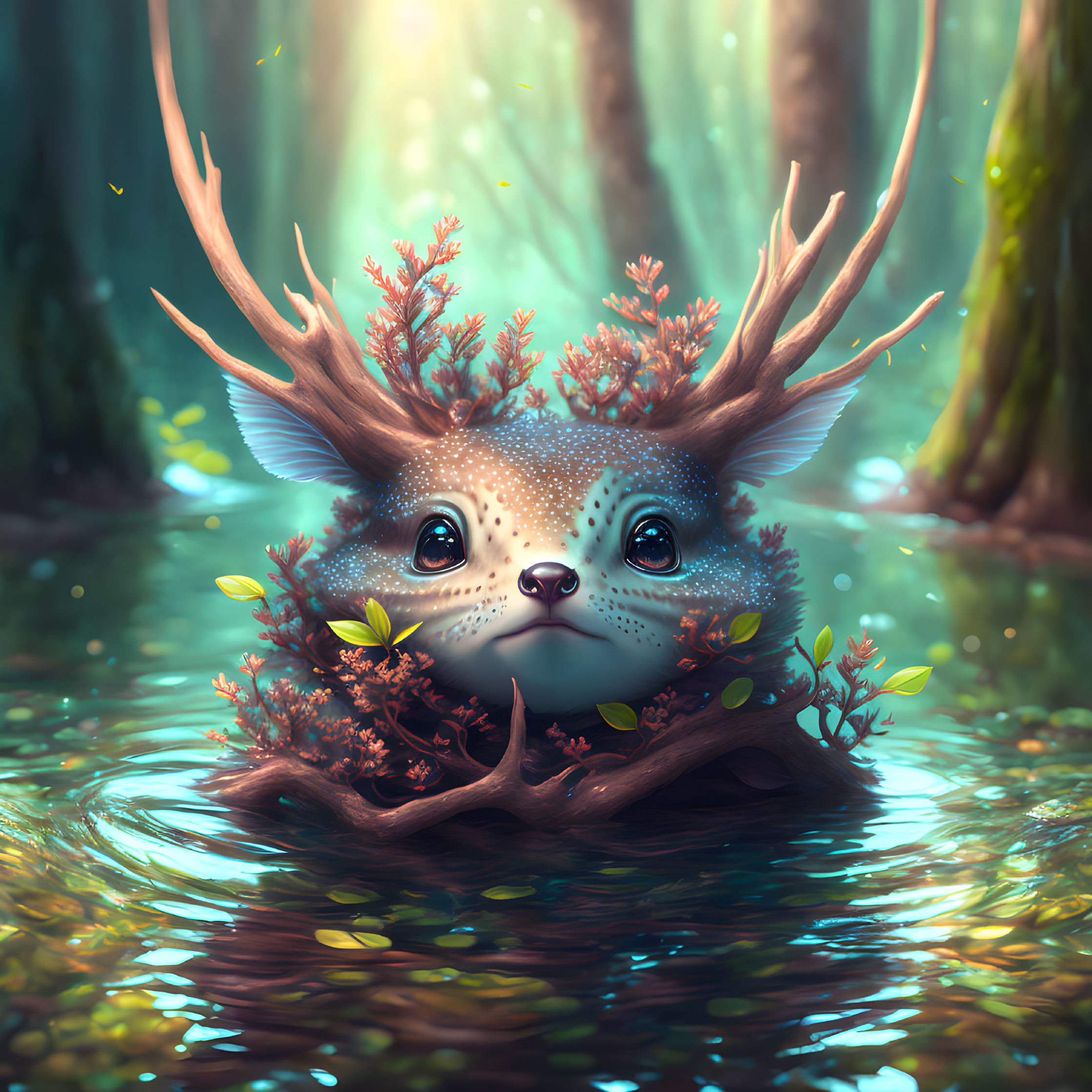 Fantastical creature with deer antlers and floral branches in enchanted forest.