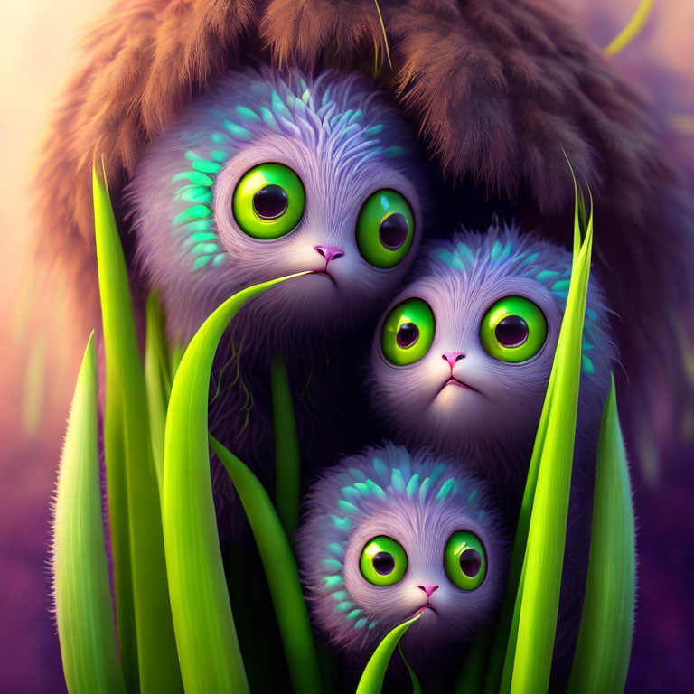 Whimsical furry creatures with green eyes in purple background