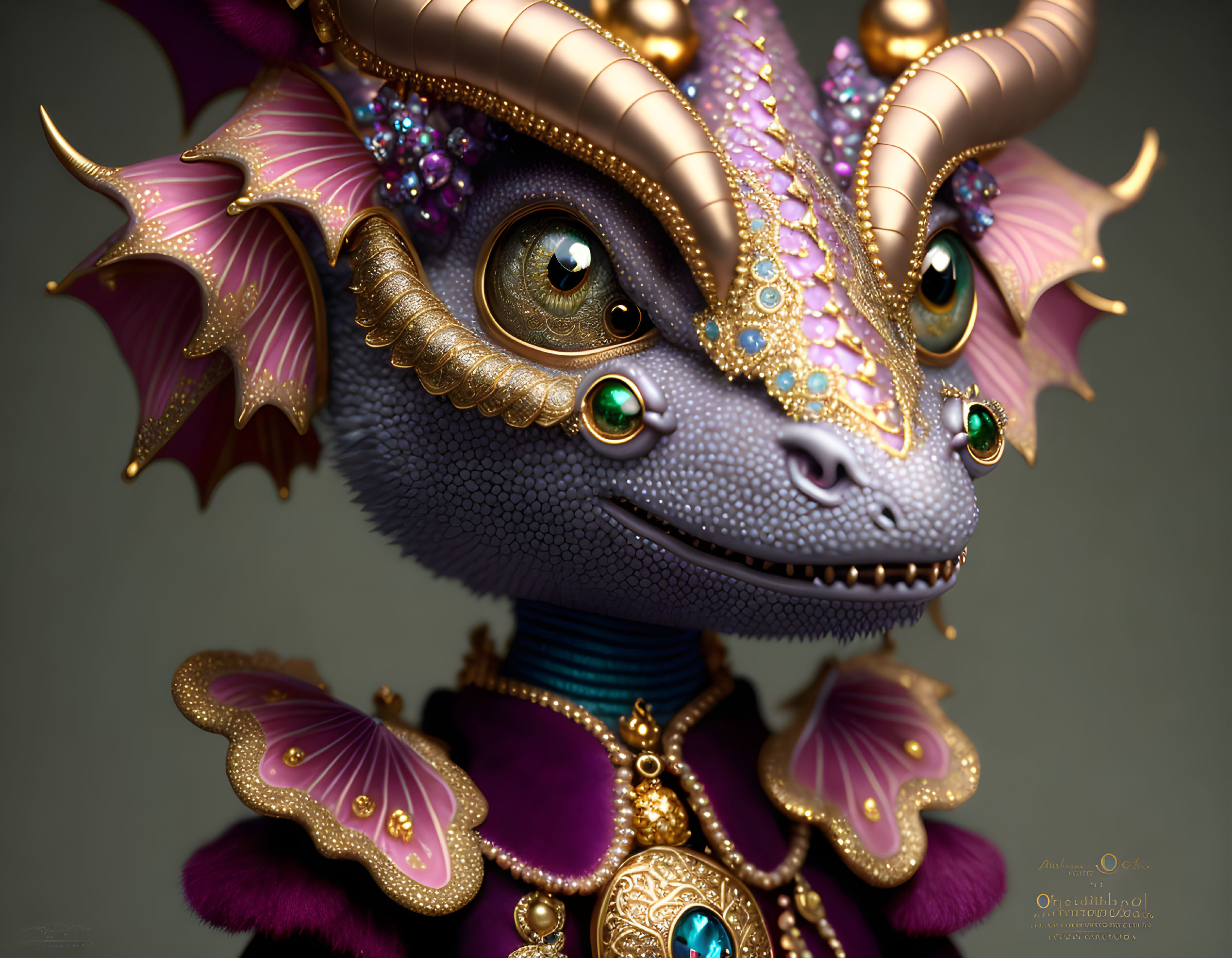 Intricate digital artwork of a whimsical dragon with gold and jewel adornments