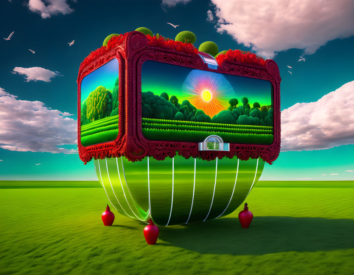 Vintage sofa frame floating over grassy field with surreal living landscapes inside