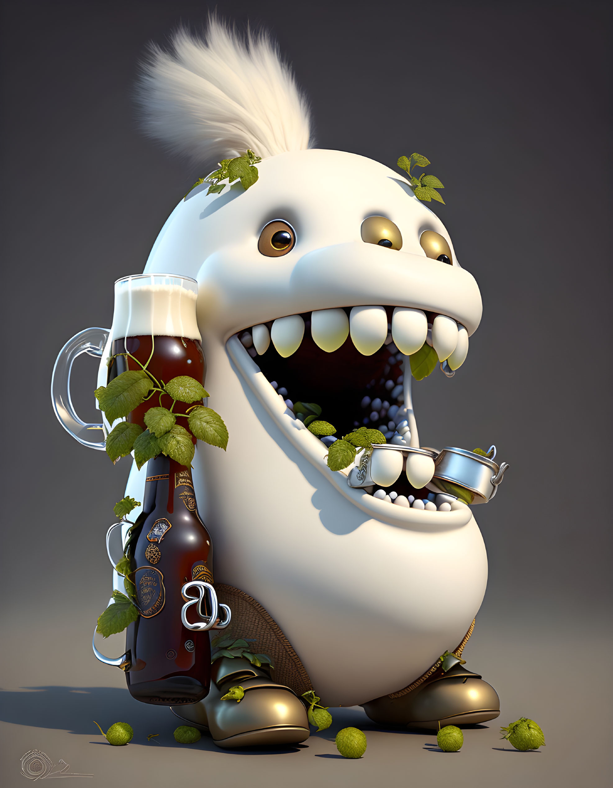 Whimsical 3D animated stout monster with beer mug, hops, and barley design