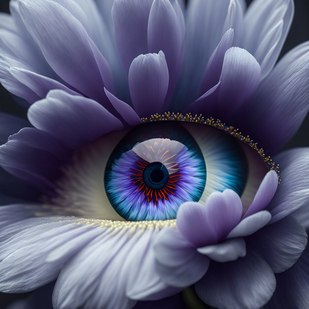 Vibrant blue iris within purple flower creates surreal image