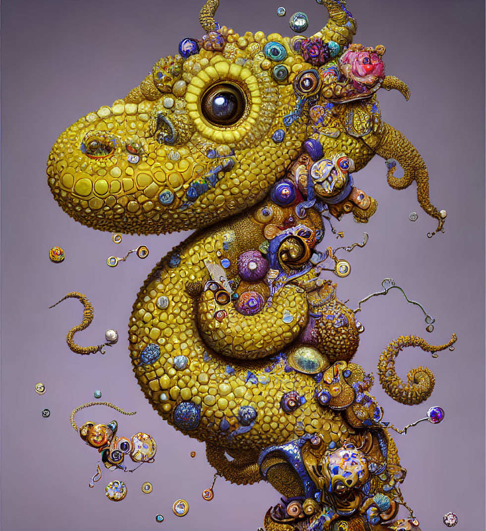 Colorful surreal dragon with ornate details on purple background