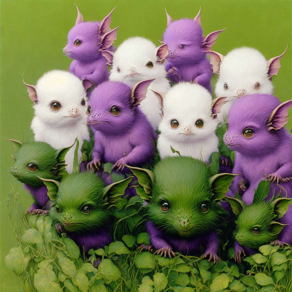 Fantastical creatures with purple fur and large ears in green foliage