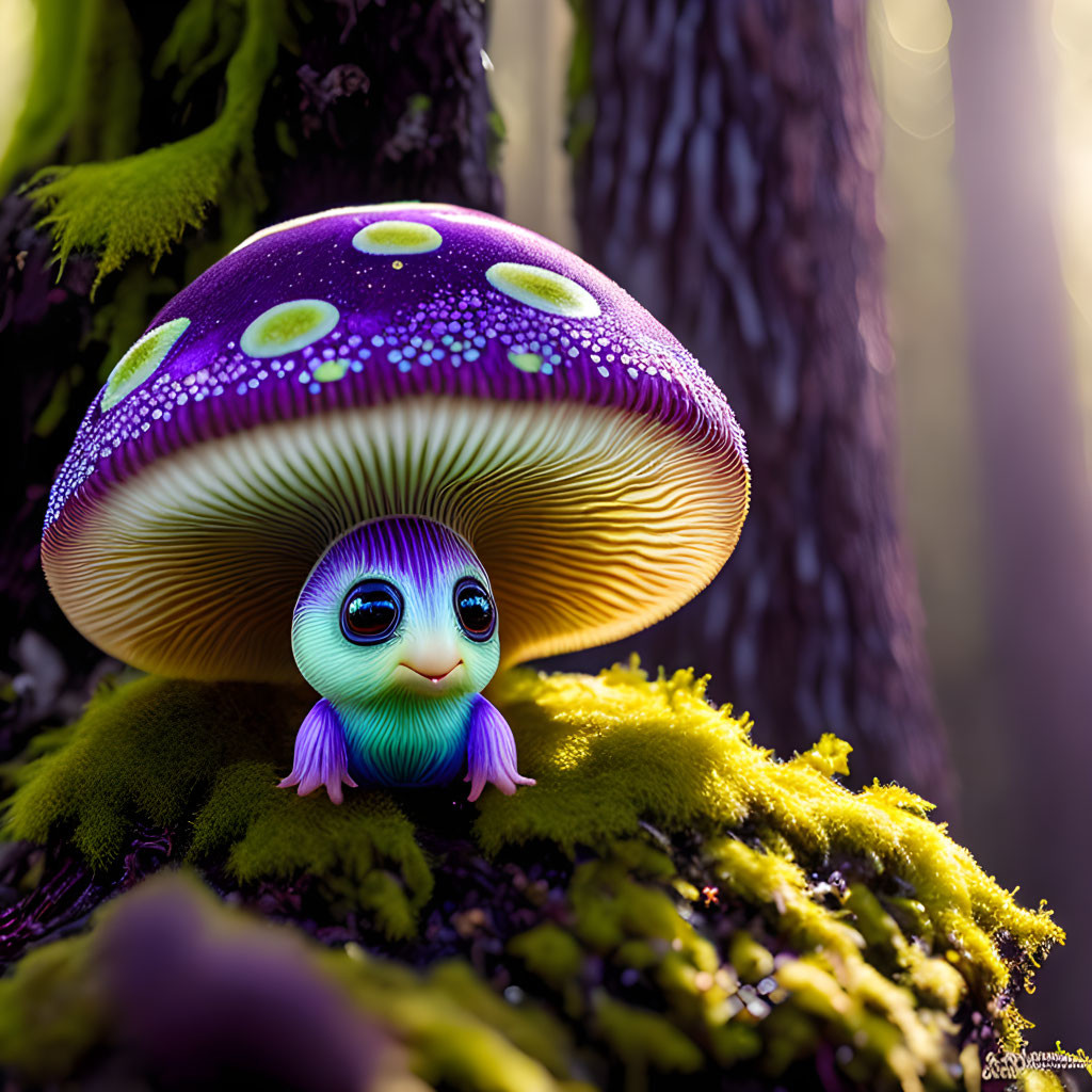 Colorful whimsical creature with big eyes under purple mushroom