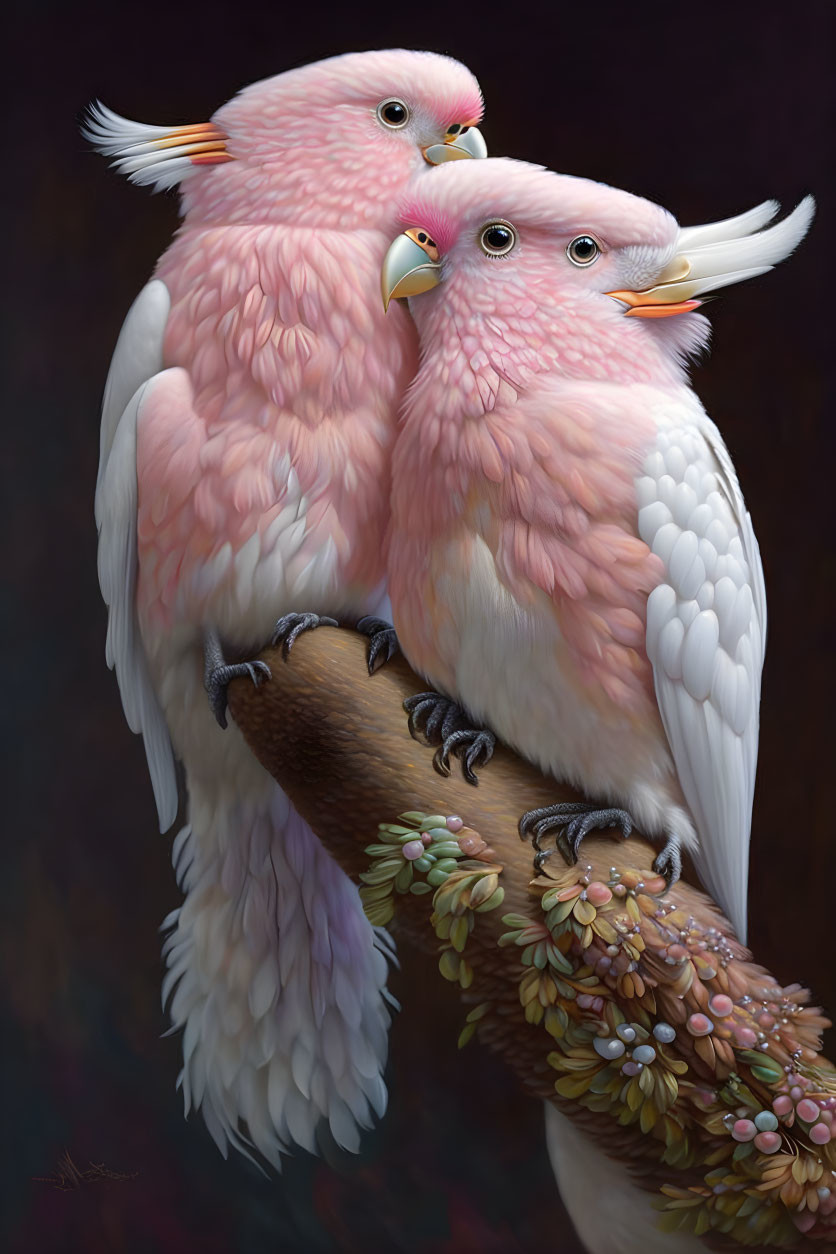 Pink and white birds with soft plumage perched on branch, dark background